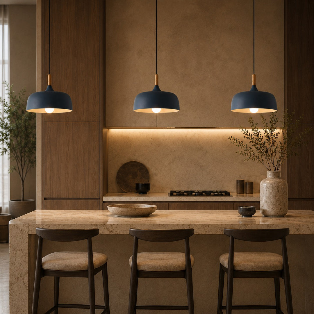 Modern Black Pendant Light Adjustable Hanging Lamp Zinc Alloy and Wood for Kitchen Pendant Lighting