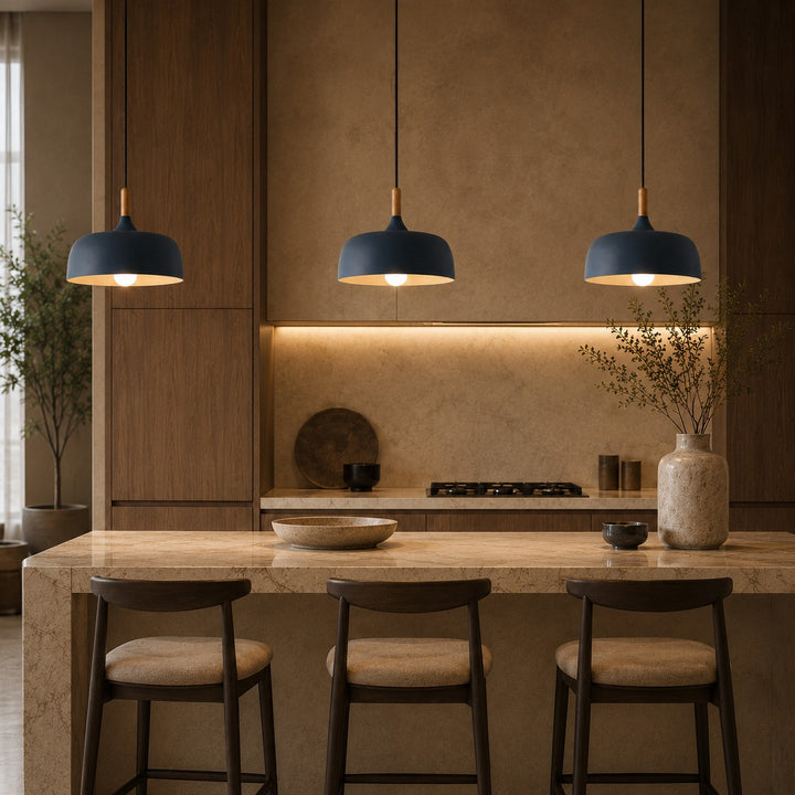 Modern Black Pendant Light Adjustable Hanging Lamp Zinc Alloy and Wood for Kitchen Pendant Lighting
