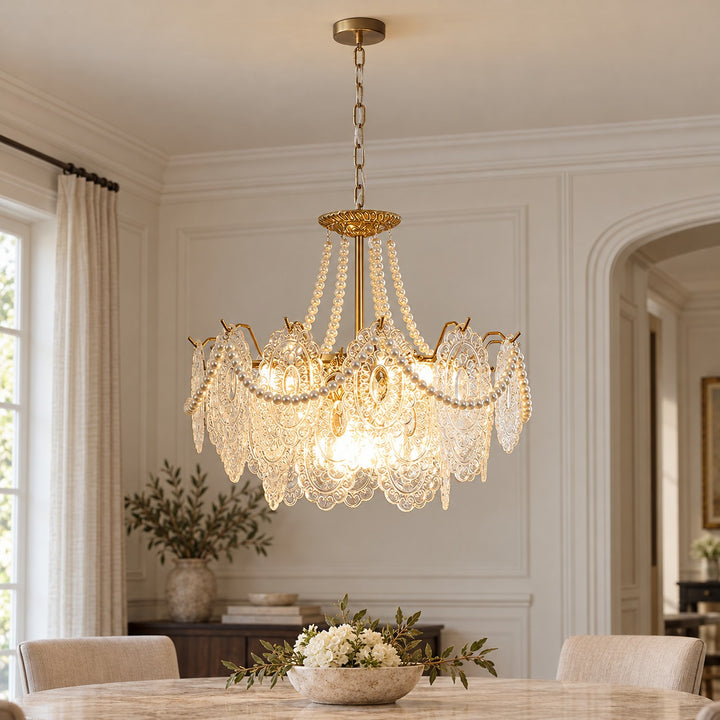 Modern Glass Chandelier Light Pendant Fixture Ceiling Mounted with Pearl Accents for Ambient Illumination