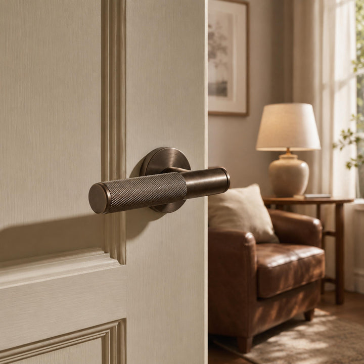 Modern Brass Door Handle with Knurled Grip and Square or Round Rosette for Internal Use