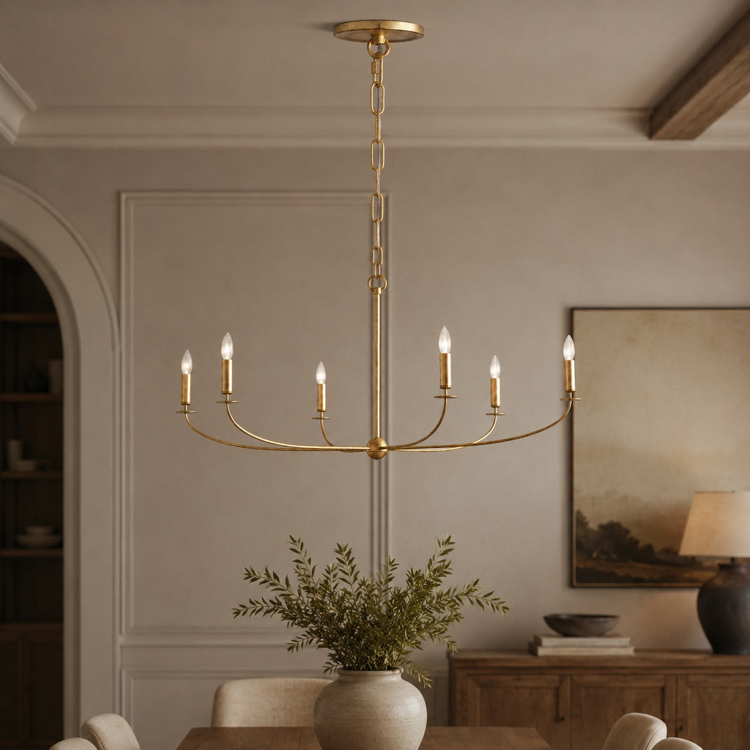 Large Antique Gold Leaf Round Chandelier – 6 or 8 Light Iron Dining Room Ceiling Light