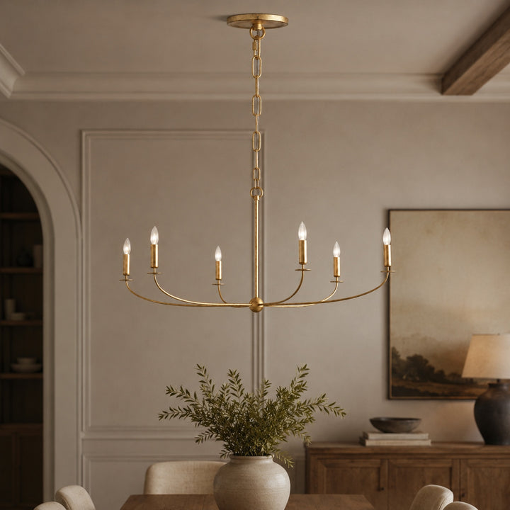 Large Antique Gold Leaf Round Chandelier – 6 or 8 Light Iron Dining Room Ceiling Light