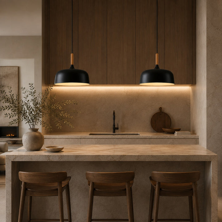 Modern Black Pendant Light Adjustable Hanging Lamp Zinc Alloy and Wood for Kitchen Pendant Lighting