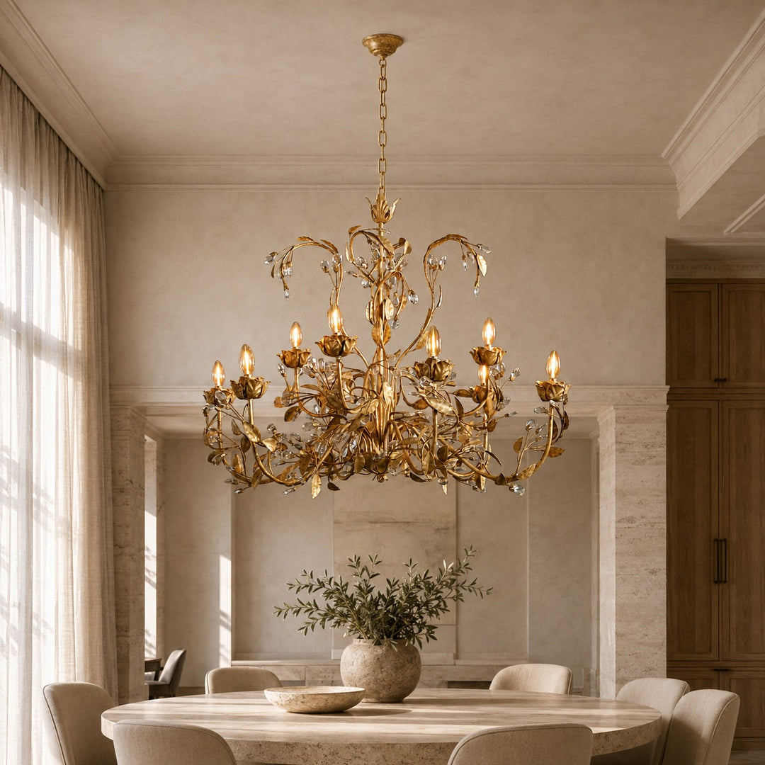 Luxury Crystal Leaf Round Chandelier – Large Gold or Bronze Dining Room & Foyer Light, 36″/48″