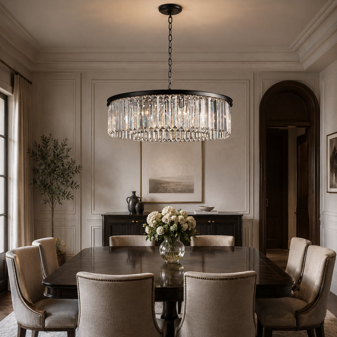 Large 84cm Round K9 Crystal Chandelier – Brass or Bronze 8-Light Art Deco Ceiling Pendant