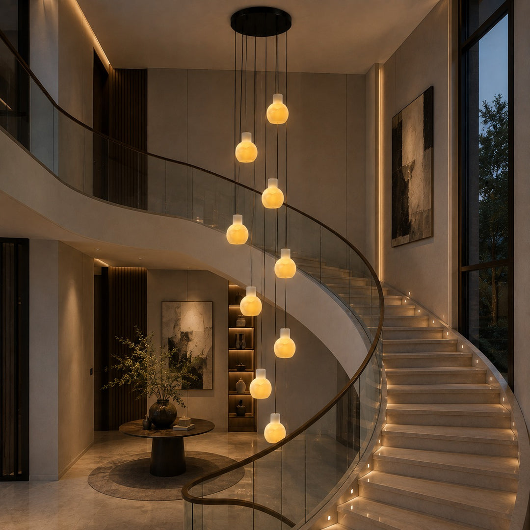 Modern Alabaster Chandelier Hanging Light Fixture with Glass Shades and LED Bulbs for 6 Lights