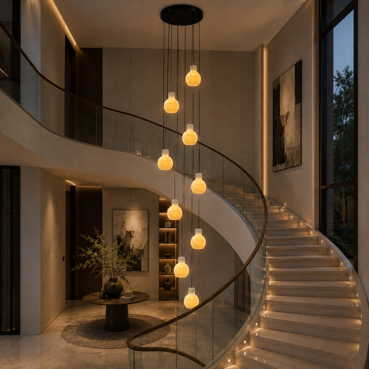 Modern Alabaster Chandelier Hanging Light Fixture with Glass Shades and LED Bulbs for 6 Lights