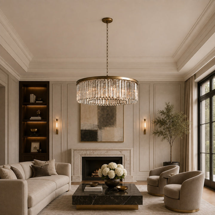 Large 84cm Round K9 Crystal Chandelier – Brass or Bronze 8-Light Art Deco Ceiling Pendant