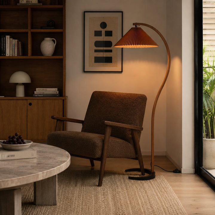Modern Floor Lamp Adjustable Height Beech Wood Bracket Linen Shade Indoor Use