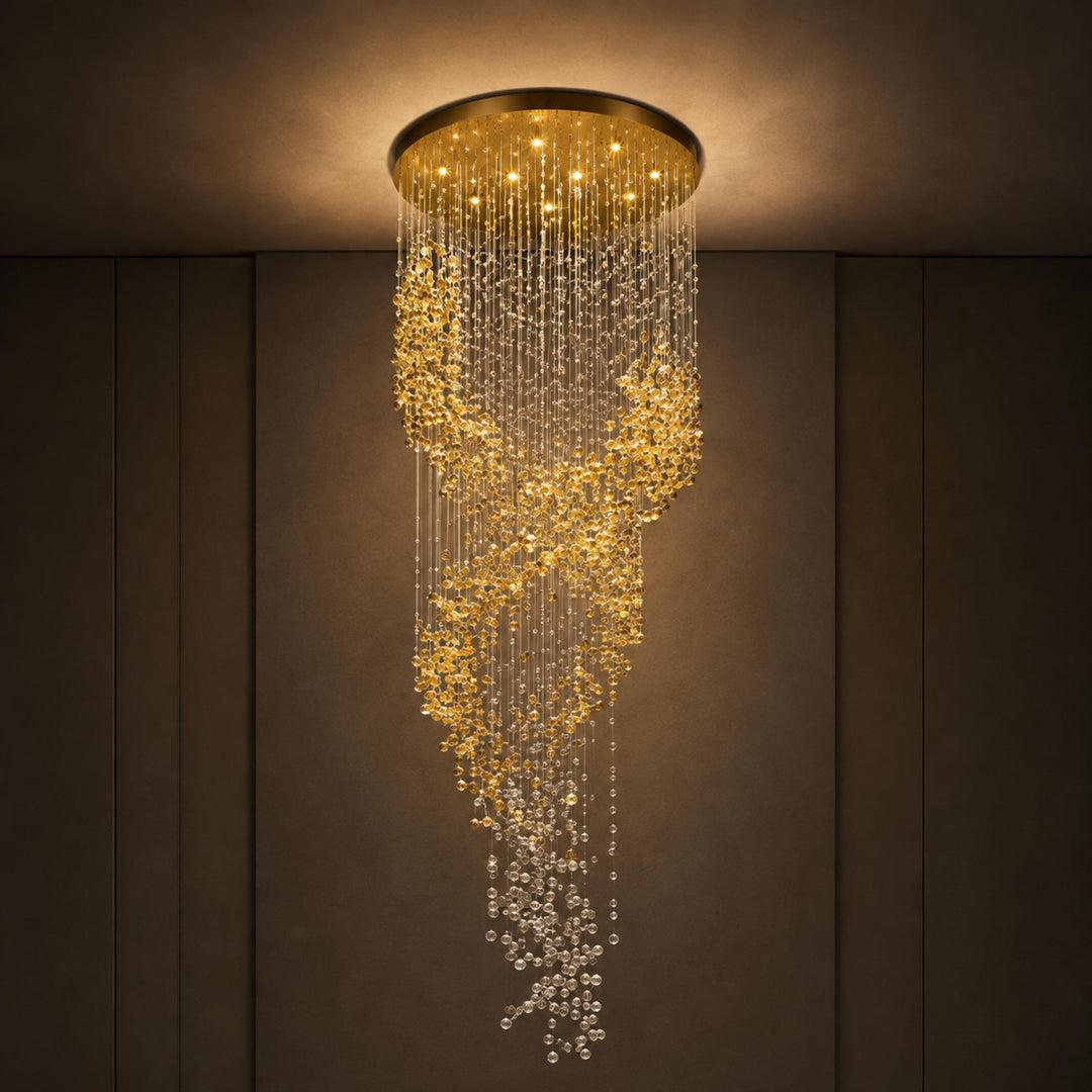 Modern Chandelier Hanging Light Gold Metal Clear Amber Crystal Glass LED