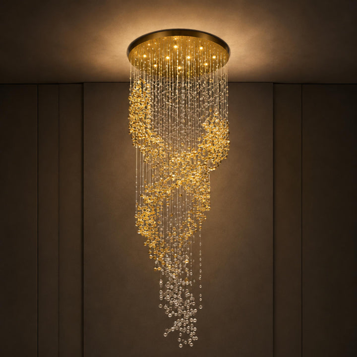 Modern Chandelier Hanging Light Gold Metal Clear Amber Crystal Glass LED