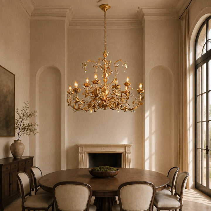 Luxury Crystal Leaf Round Chandelier – Large Gold or Bronze Dining Room & Foyer Light, 36″/48″