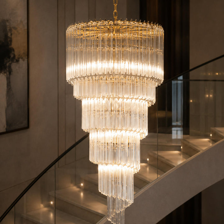 Modern Chandelier Clear Glass Hanging Light Fixture Adjustable Height Dimmable Illumination