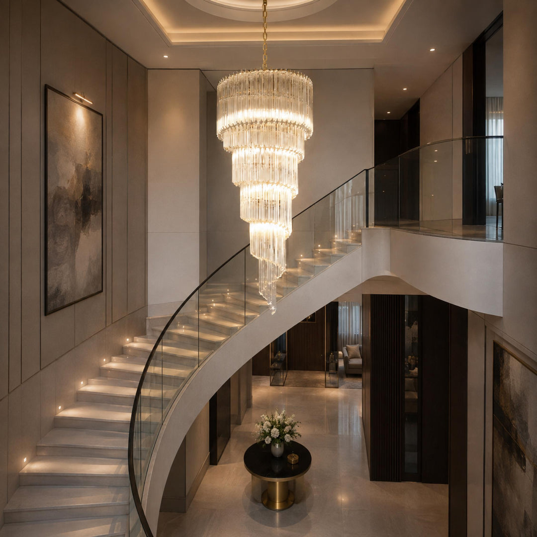 Modern Chandelier Clear Glass Hanging Light Fixture Adjustable Height Dimmable Illumination