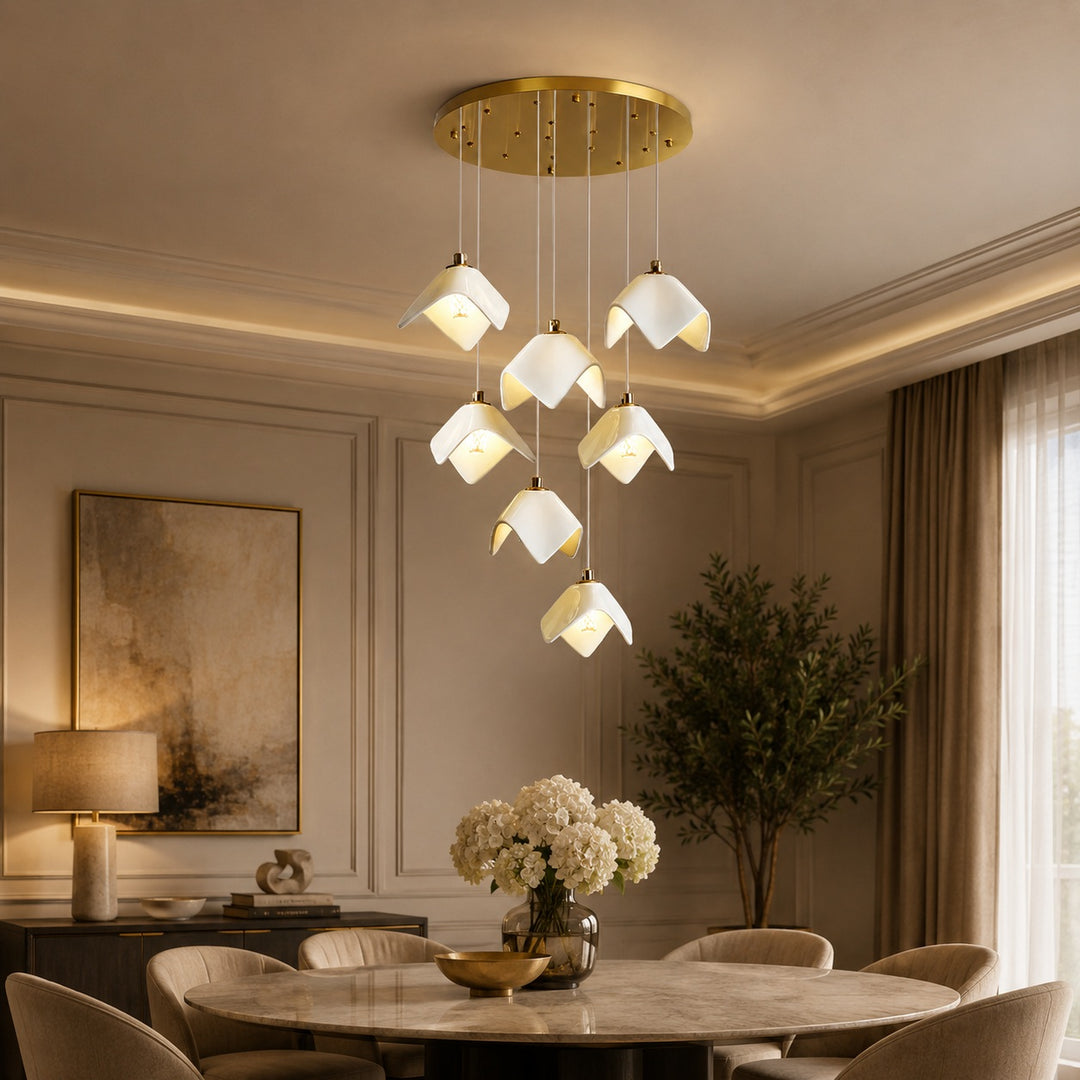 Modern Chandelier Ceiling Light Adjustable Gold Metal and Ceramic LED Fixture 7 to 64 Bulbs