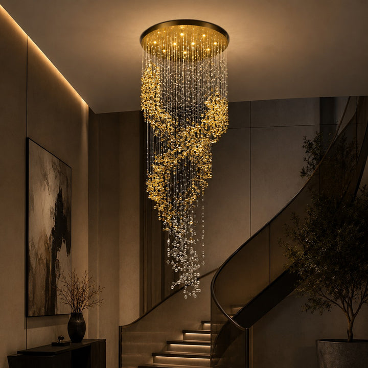 Modern Chandelier Hanging Light Gold Metal Clear Amber Crystal Glass LED