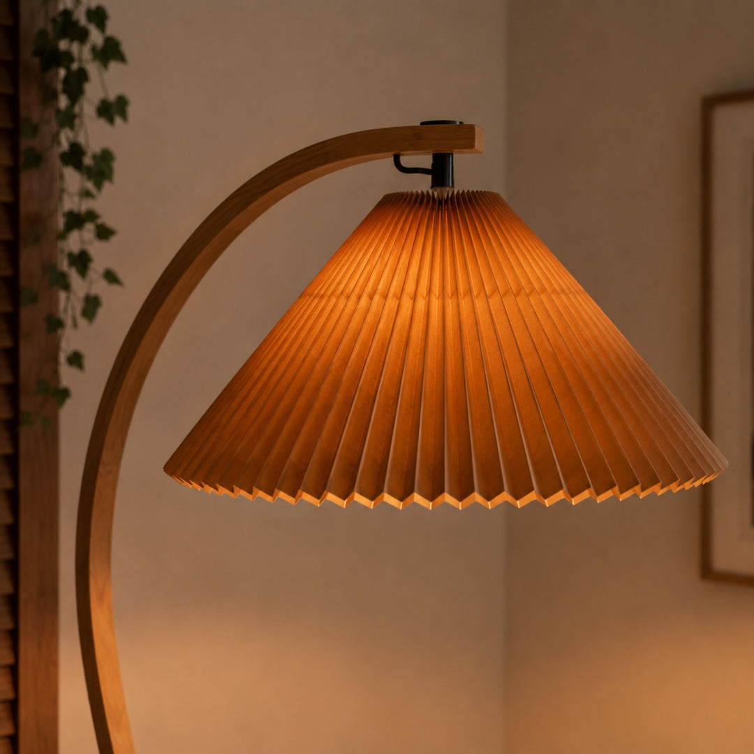 Modern Floor Lamp Adjustable Height Beech Wood Bracket Linen Shade Indoor Use