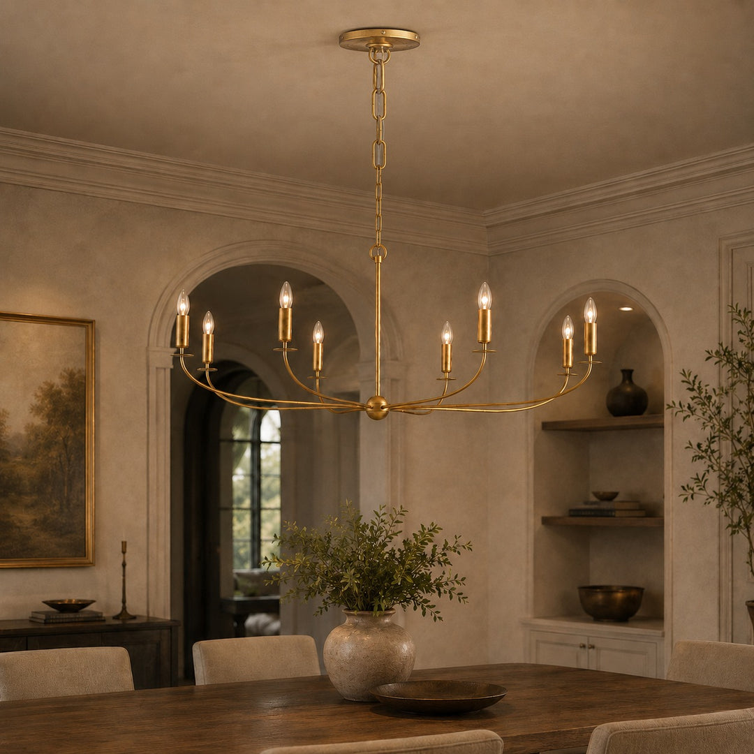 Large Antique Gold Leaf Round Chandelier – 6 or 8 Light Iron Dining Room Ceiling Light