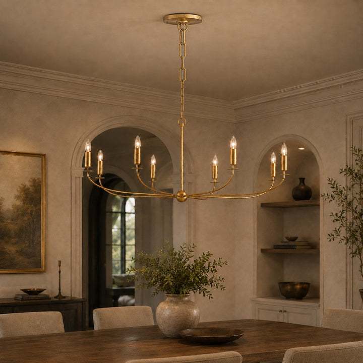 Large Antique Gold Leaf Round Chandelier – 6 or 8 Light Iron Dining Room Ceiling Light