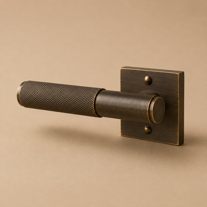 Modern Brass Door Handle with Knurled Grip and Square or Round Rosette for Internal Use