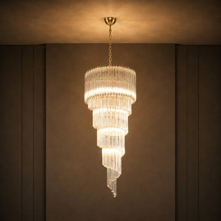 Modern Chandelier Clear Glass Hanging Light Fixture Adjustable Height Dimmable Illumination