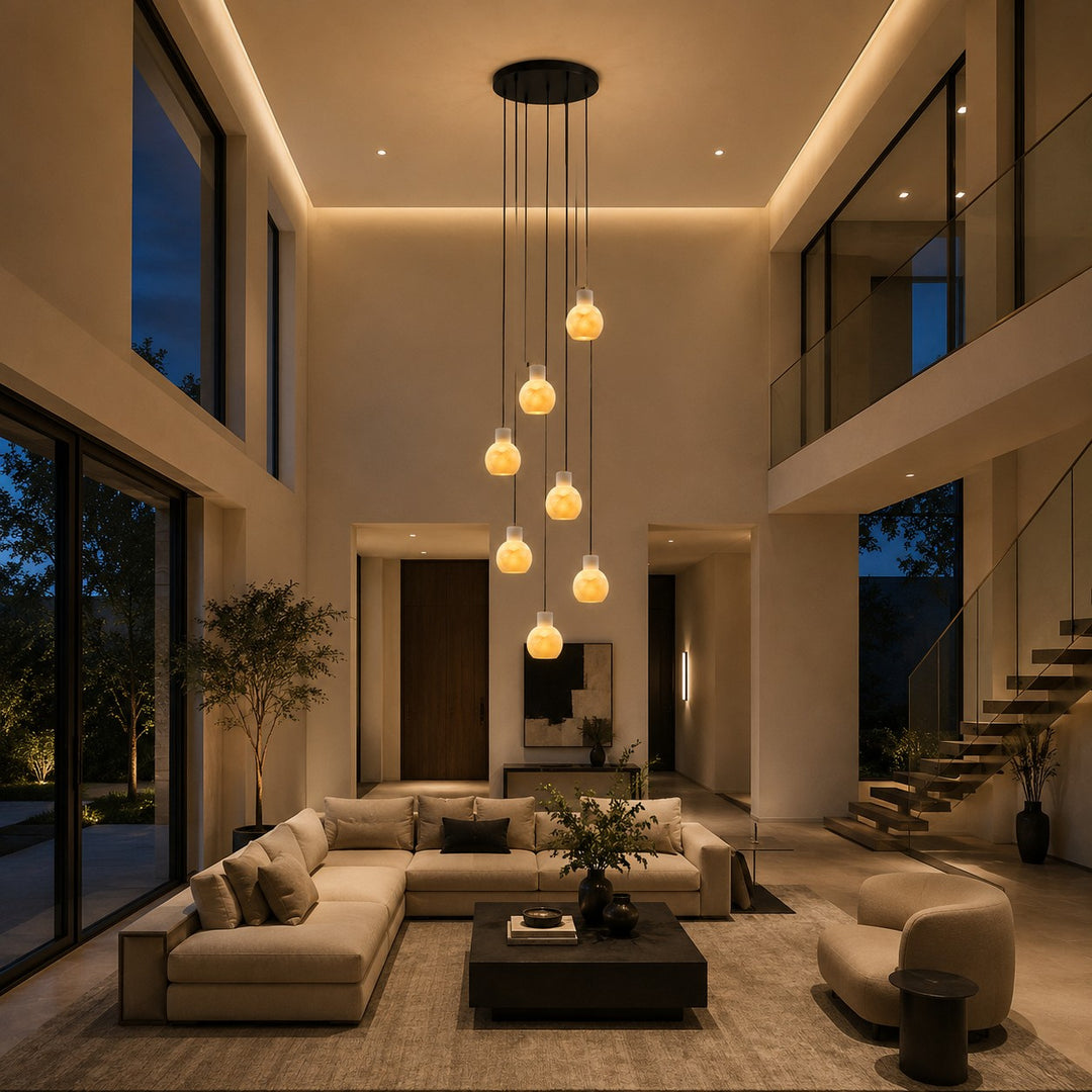 Modern Alabaster Chandelier Hanging Light Fixture with Glass Shades and LED Bulbs for 6 Lights