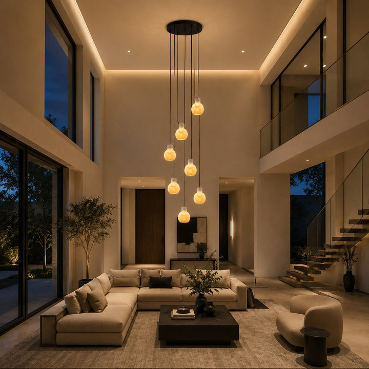 Modern Alabaster Chandelier Hanging Light Fixture with Glass Shades and LED Bulbs for 6 Lights