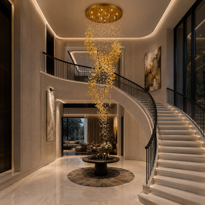 Modern Chandelier Hanging Light Gold Metal Clear Amber Crystal Glass LED