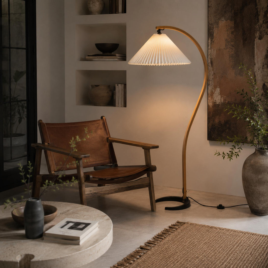 Modern Floor Lamp Adjustable Height Beech Wood Bracket Linen Shade Indoor Use