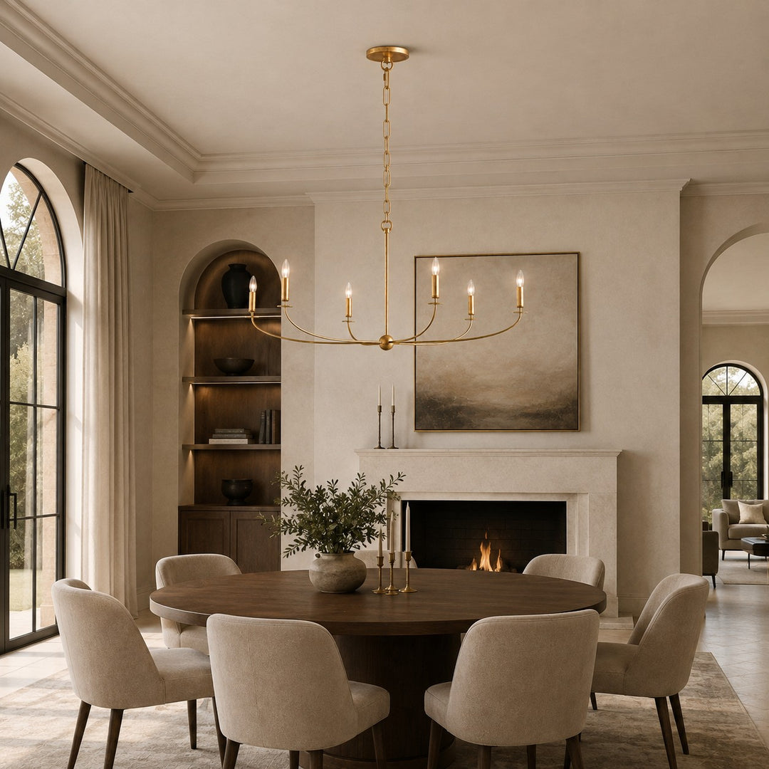Large Antique Gold Leaf Round Chandelier – 6 or 8 Light Iron Dining Room Ceiling Light