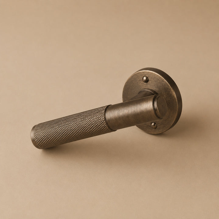 Modern Brass Door Handle with Knurled Grip and Square or Round Rosette for Internal Use