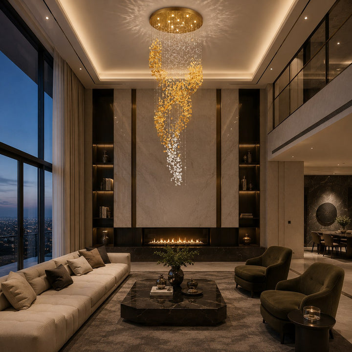 Modern Chandelier Hanging Light Gold Metal Clear Amber Crystal Glass LED