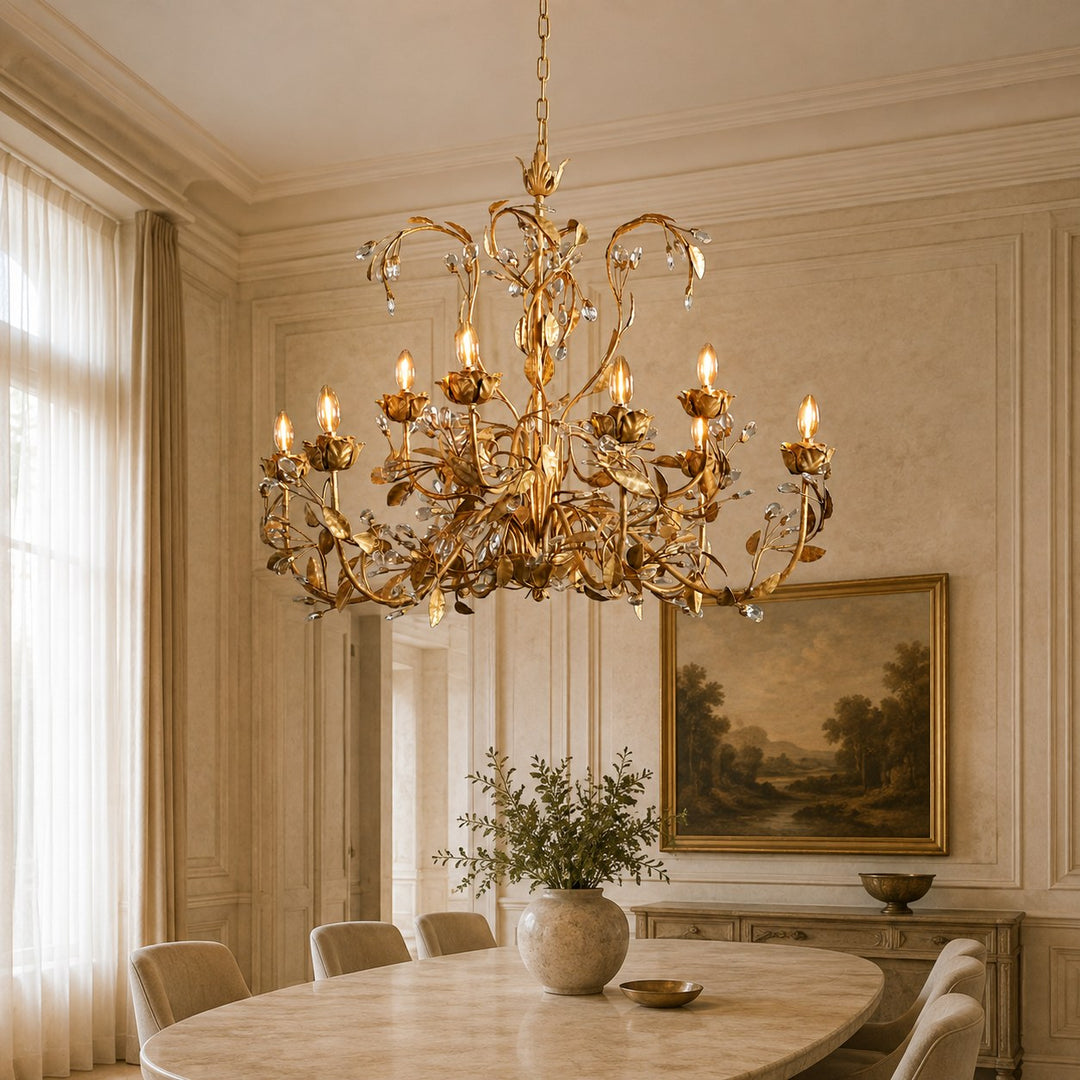 Luxury Crystal Leaf Round Chandelier – Large Gold or Bronze Dining Room & Foyer Light, 36″/48″