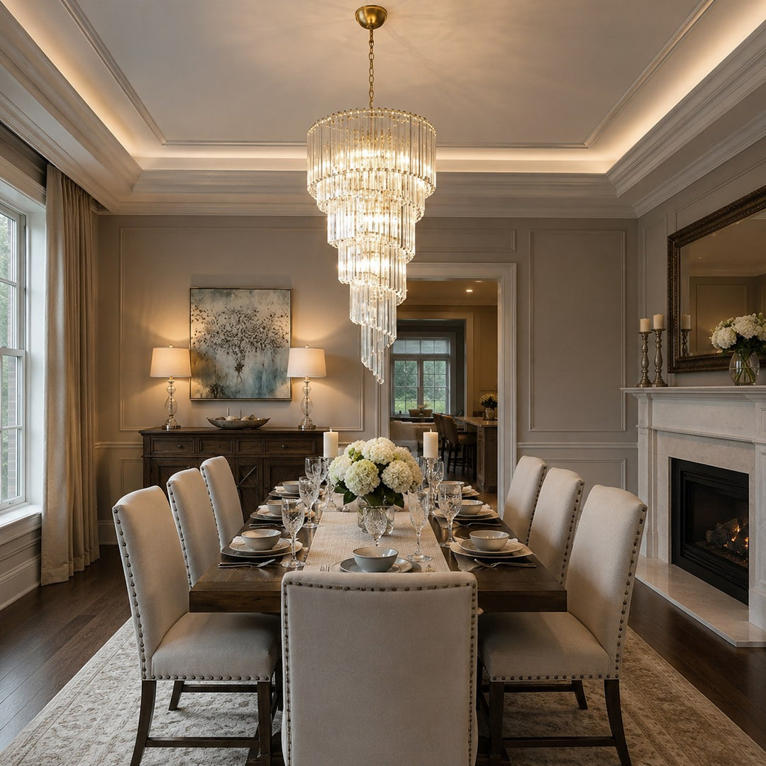 Modern Chandelier Clear Glass Hanging Light Fixture Adjustable Height Dimmable Illumination