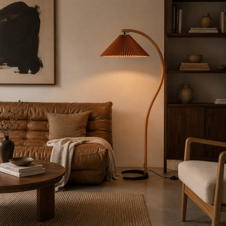Modern Floor Lamp Adjustable Height Beech Wood Bracket Linen Shade Indoor Use