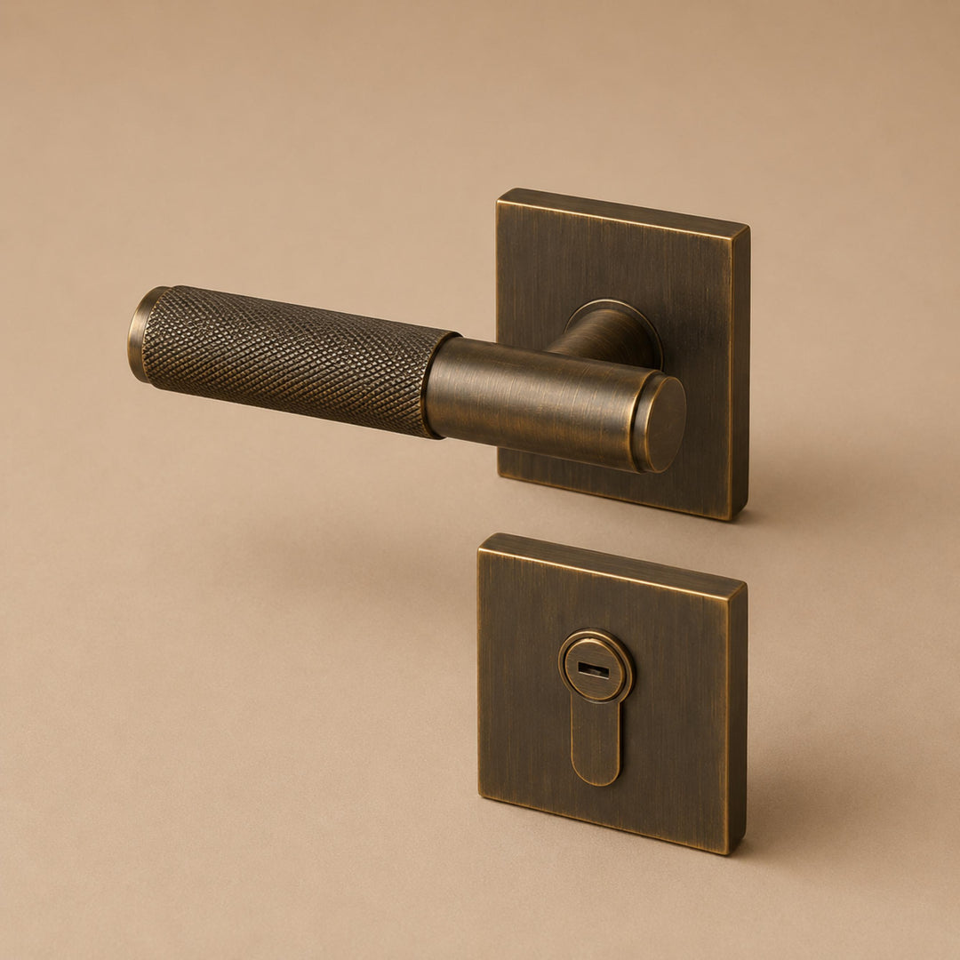 Modern Brass Door Handle with Knurled Grip and Square or Round Rosette for Internal Use