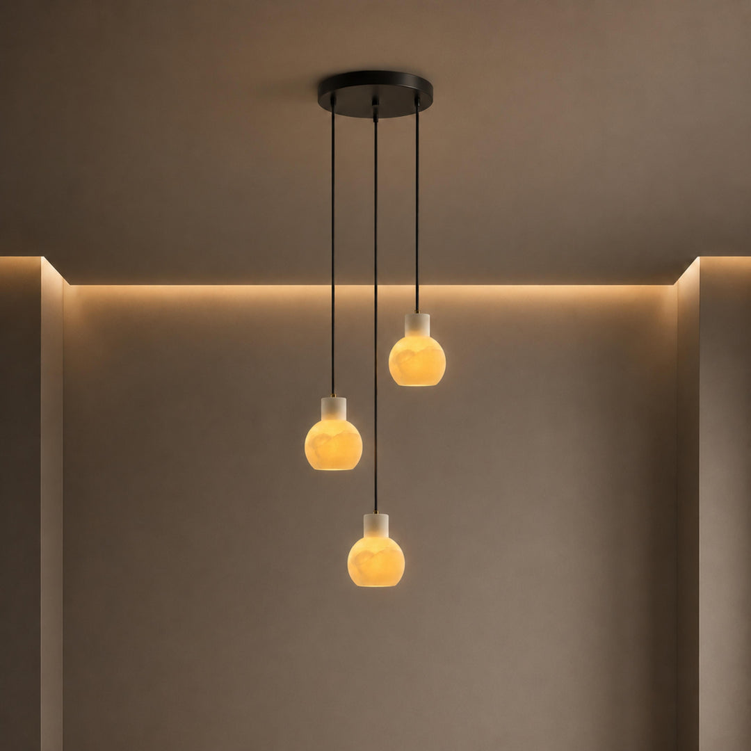 Modern Alabaster Chandelier Hanging Light Fixture with Glass Shades and LED Bulbs for 6 Lights