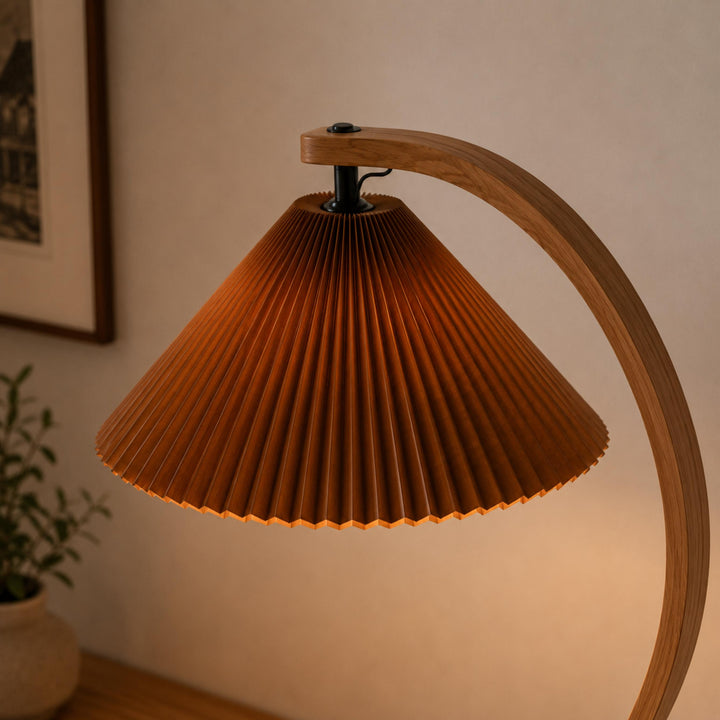 Modern Floor Lamp Adjustable Height Beech Wood Bracket Linen Shade Indoor Use