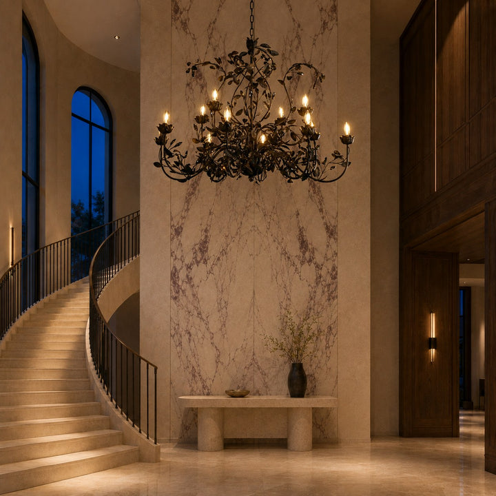 Luxury Crystal Leaf Round Chandelier – Large Gold or Bronze Dining Room & Foyer Light, 36″/48″