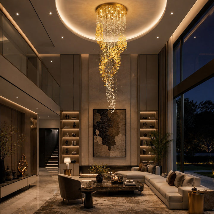 Modern Chandelier Hanging Light Gold Metal Clear Amber Crystal Glass LED