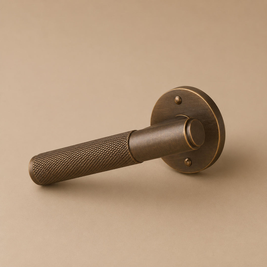 Modern Brass Door Handle with Knurled Grip and Square or Round Rosette for Internal Use