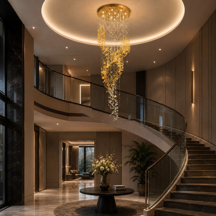 Modern Chandelier Hanging Light Gold Metal Clear Amber Crystal Glass LED