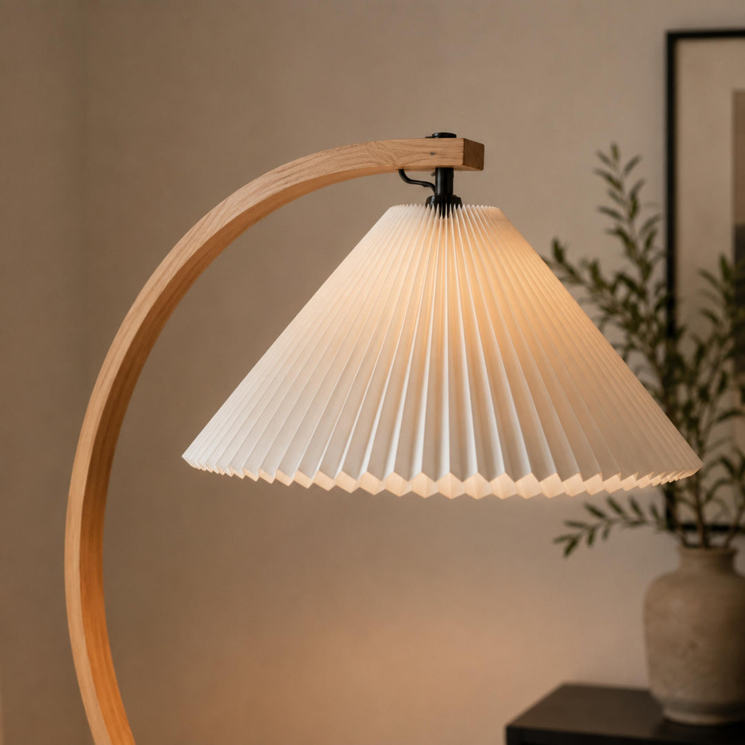 Modern Floor Lamp Adjustable Height Beech Wood Bracket Linen Shade Indoor Use