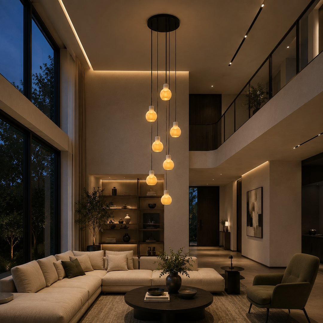 Modern Alabaster Chandelier Hanging Light Fixture with Glass Shades and LED Bulbs for 6 Lights