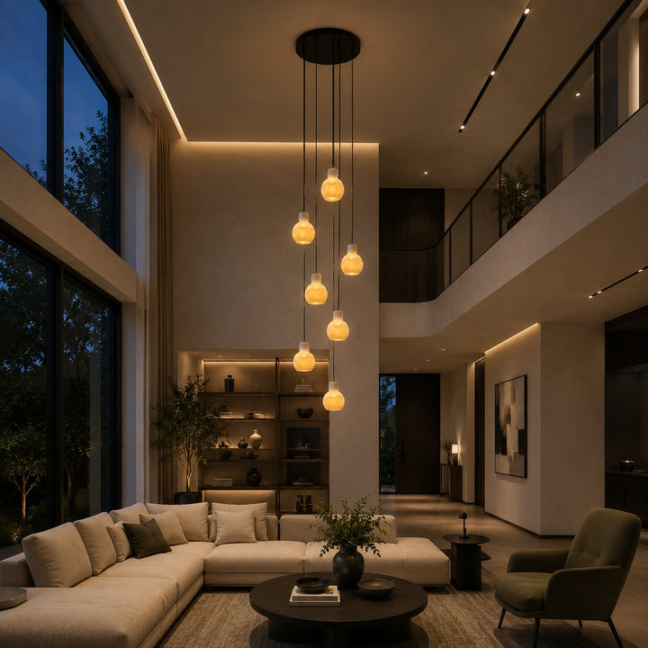 Modern Alabaster Chandelier Hanging Light Fixture with Glass Shades and LED Bulbs for 6 Lights