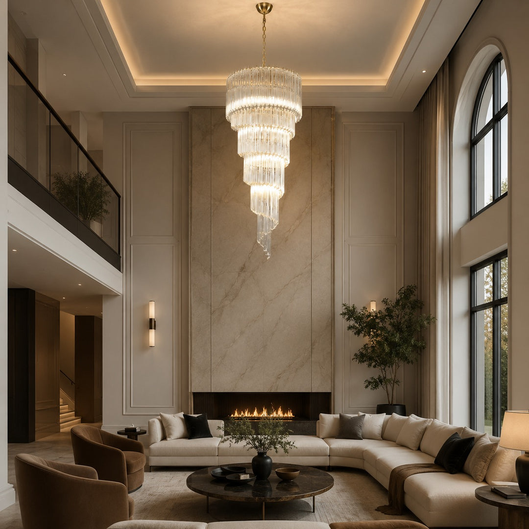 Modern Chandelier Clear Glass Hanging Light Fixture Adjustable Height Dimmable Illumination