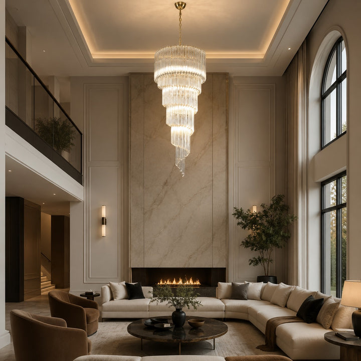 Modern Chandelier Clear Glass Hanging Light Fixture Adjustable Height Dimmable Illumination