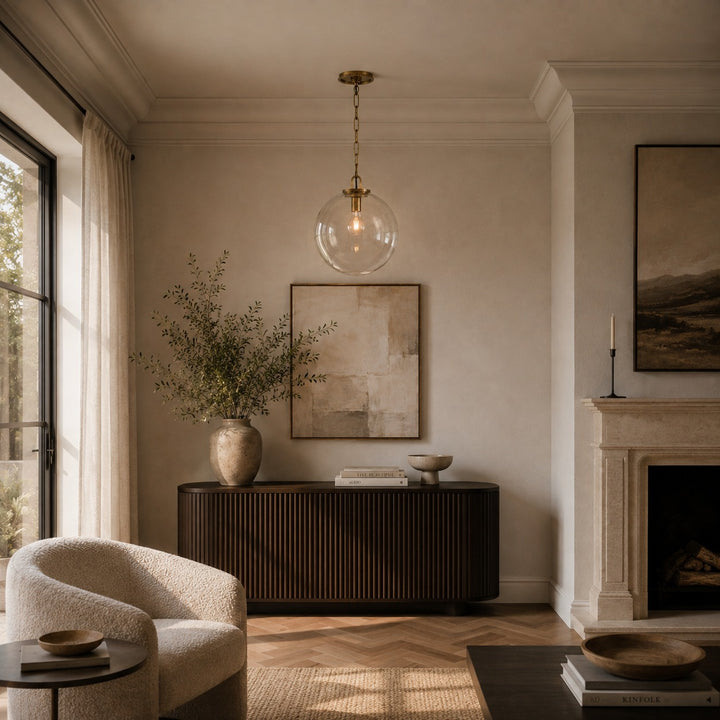 Modern Glass Globe Pendant Light with Chain – Brass or Bronze, Clear or Milk Glass