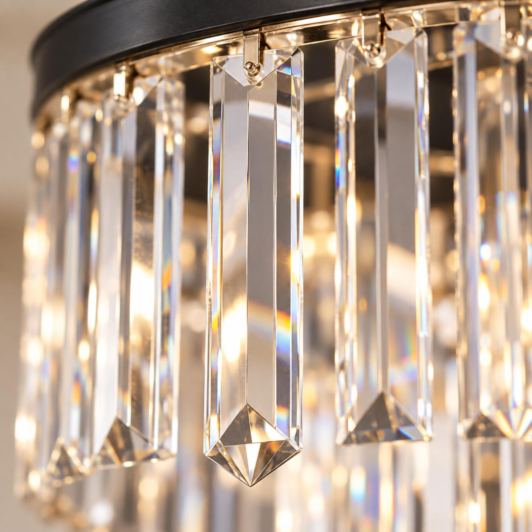 Modern Crystal Chandelier 3-Tier Hanging Light Fixture Black Metal Frame E12 LED Compatible