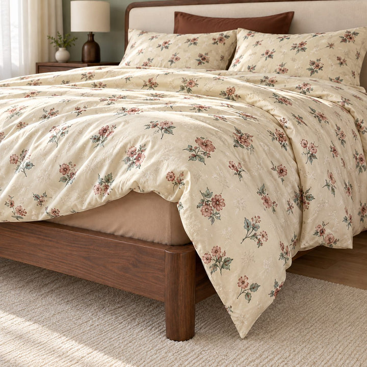 Vintage Floral Bedding Set Duvet Cover and Pillowcases Washed Cotton Breathable Durable
